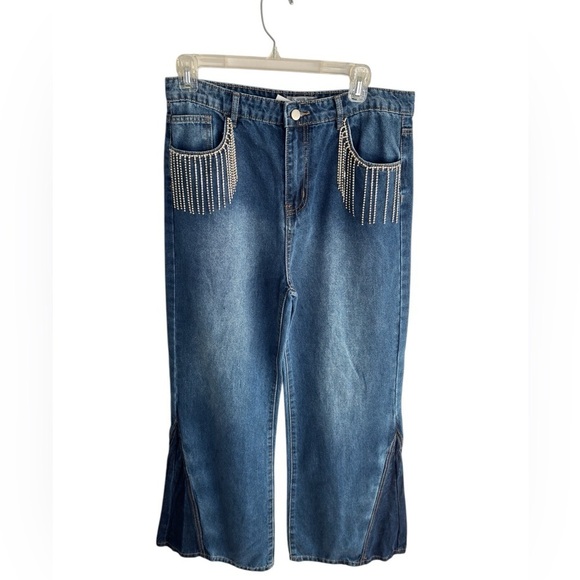 Blue B. Rhinestone Jeans Womens Large Bling Rodeo Western Equestrian Wide Leg - Picture 1 of 15